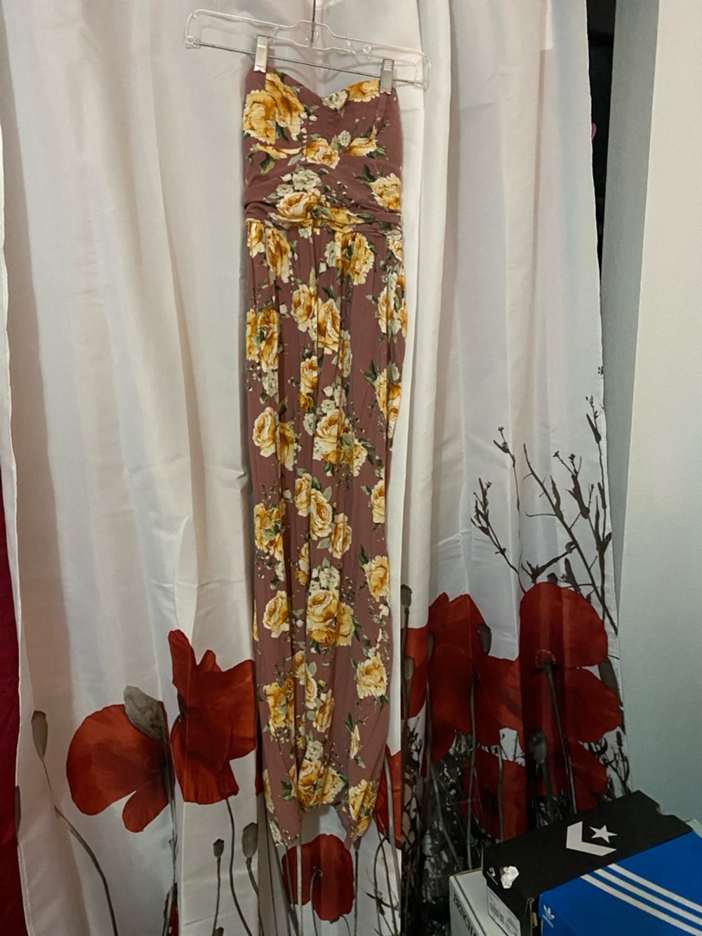 Band of Gypsies Mauve Strapless Floral Jumpsuit with Yellow Roses